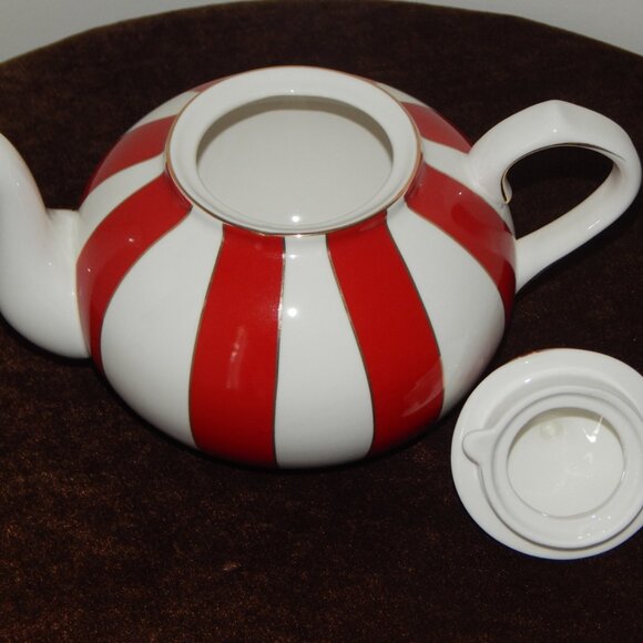 GRACE TEAWARE Fine Porcelain Teapot Holiday Carousel Red White Gold Stripes New - Picture 8 of 9